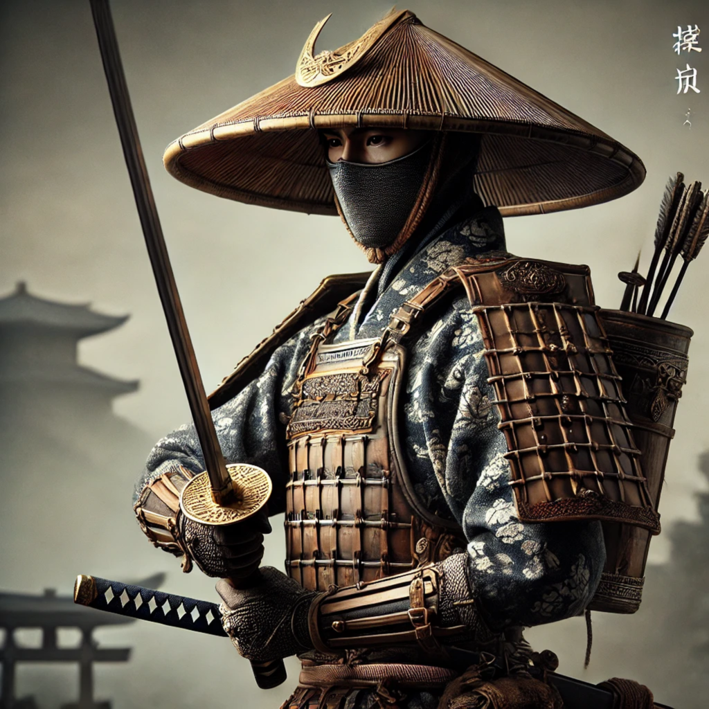 a samurai wearing Tachi and Kasa