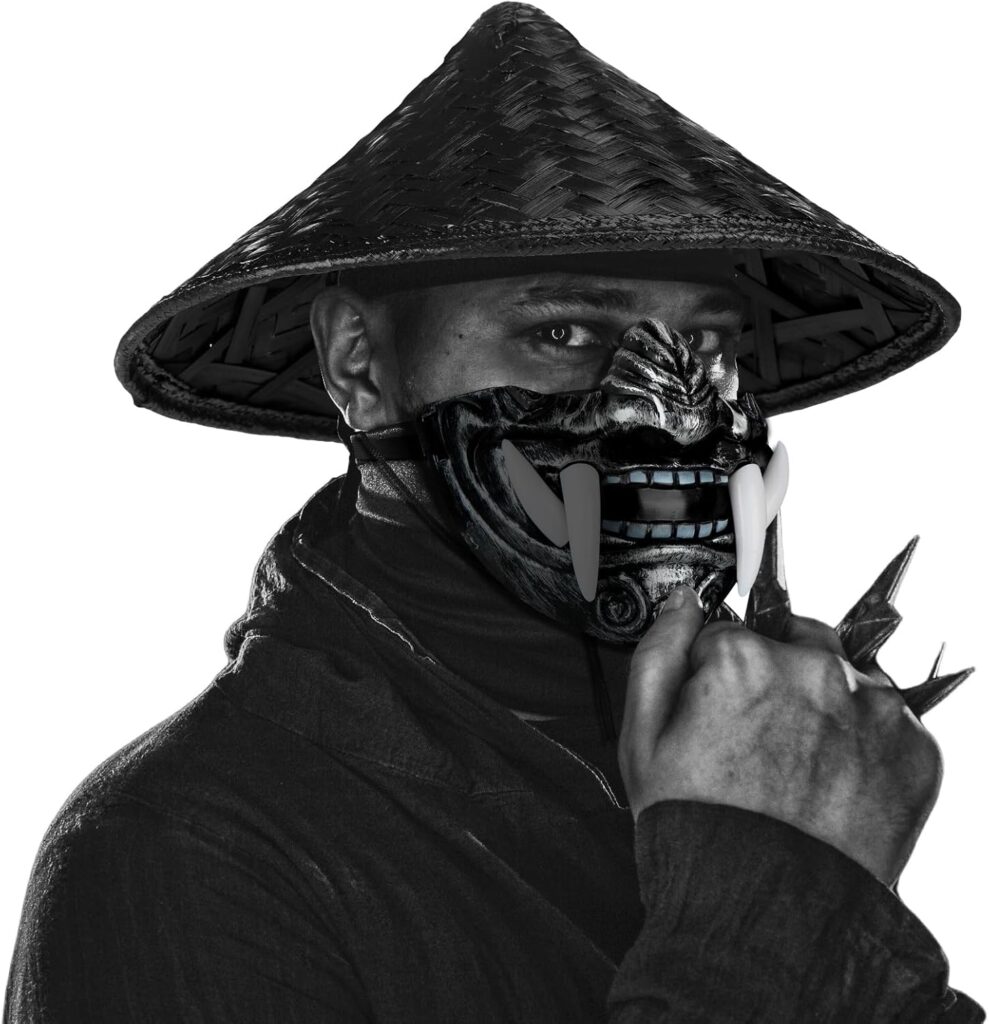2 Pcs Samurai Halloween Costume Include Half Face Oni Mask Black Japanese Samurai Hat for Cosplay Party Accessory