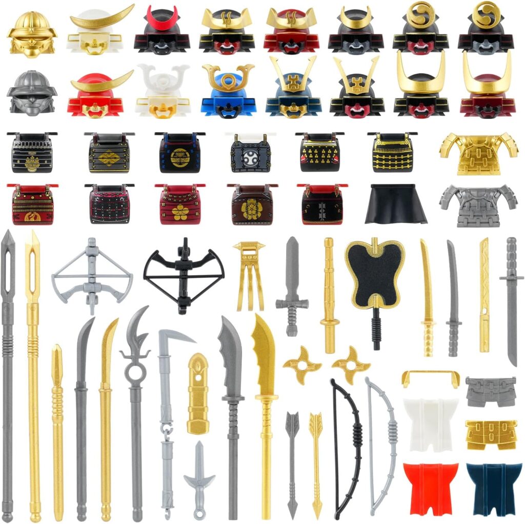 63pcs Anime Japanese Samurai Minifigs Weapons Pack Accessories Set Builidng Block Toy Armor Helmet Bow Designed for Minifigs Gift for Kids Boys Grils