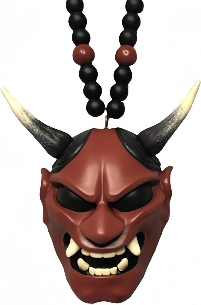 Car Hanging Ornament with Samurai Helmet (Red), Polyurethane Resin Japanese Oni Mask Charm, Auto Decoration Accessory