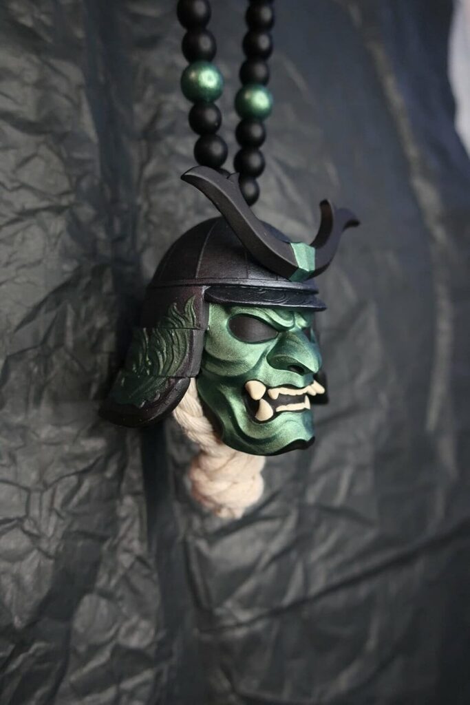 Car Hanging Ornament with Samurai Helmet (Red), Polyurethane Resin Japanese Oni Mask Charm, Auto Decoration Accessory