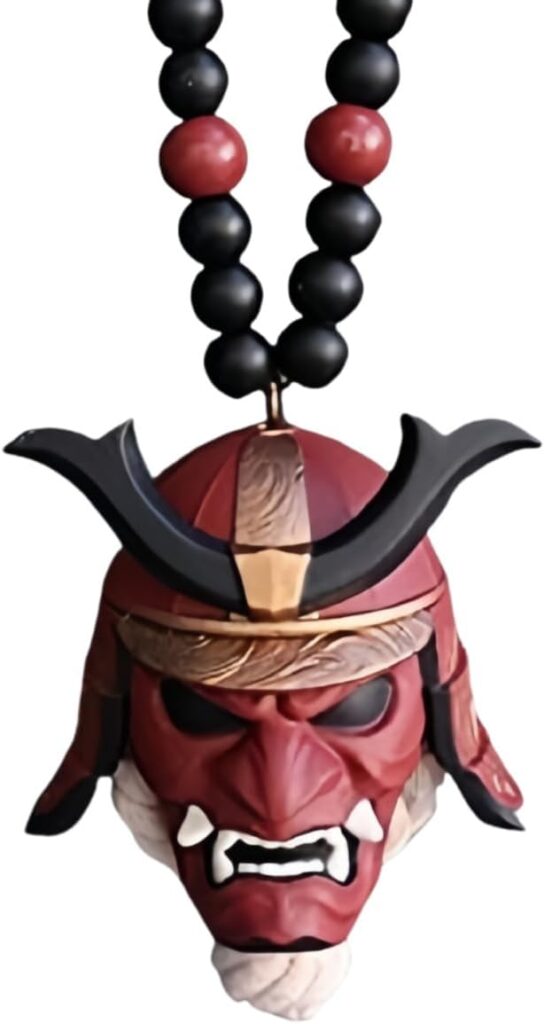 Car Hanging Ornament with Samurai Helmet (Red), Polyurethane Resin Japanese Oni Mask Charm, Auto Decoration Accessory