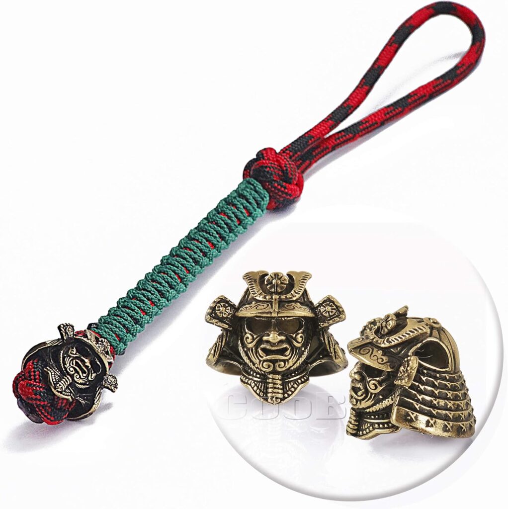 CooB EDC Paracord Knife Lanyard with Hand-Casted Metal Paracord Bead Pendant Samurai Helmet Warrior. Paracord Knives Lanyards