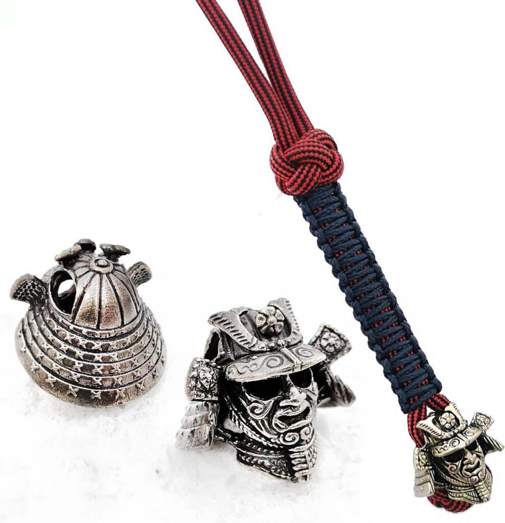 CooB EDC Paracord Knife Lanyard with Hand-Casted Metal Paracord Bead Pendant Samurai Helmet Warrior. Paracord Knives Lanyards