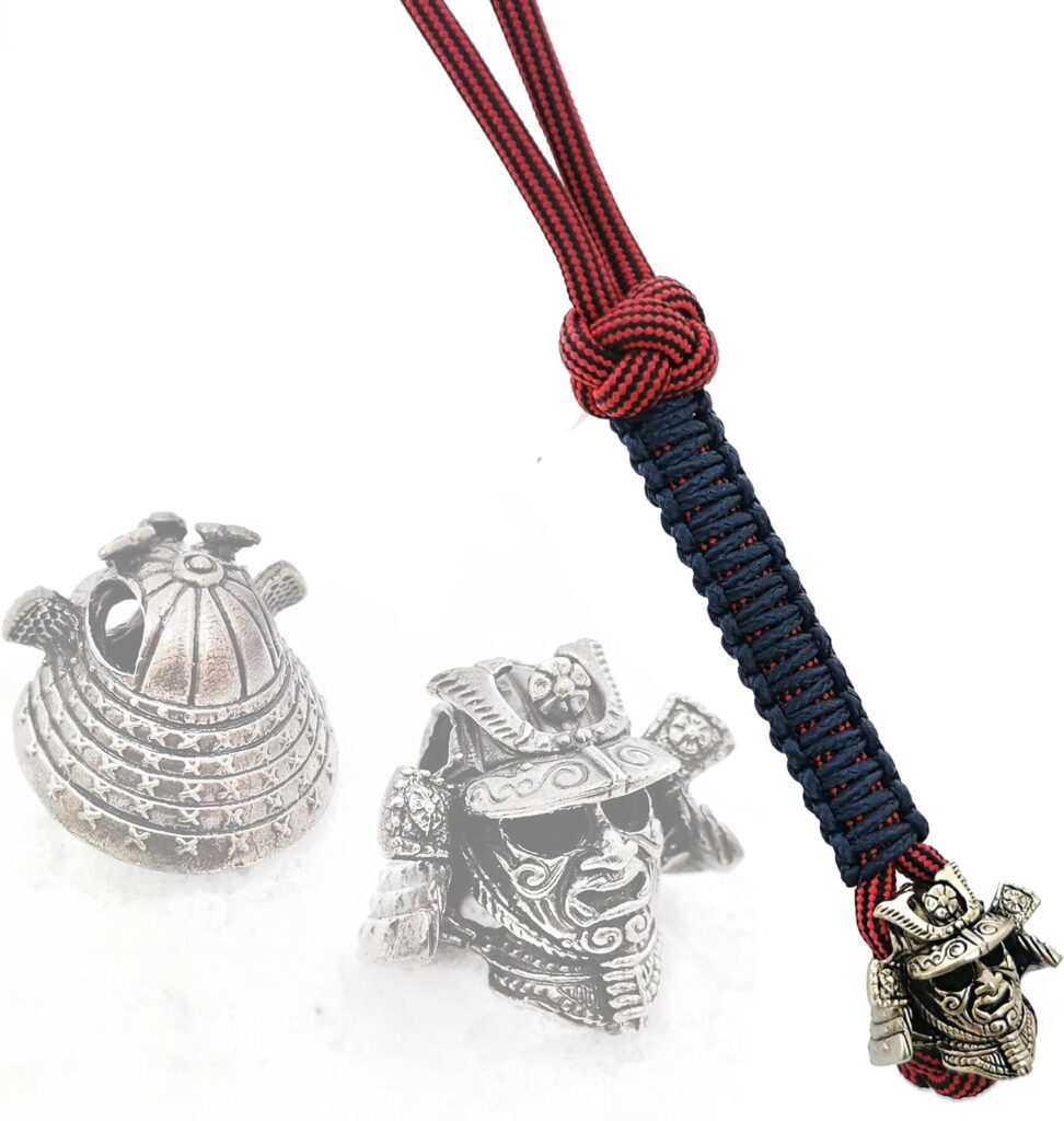 CooB EDC Paracord Knife Lanyard with Hand-Casted Metal Paracord Bead Pendant Samurai Helmet Warrior. Paracord Knives Lanyards
