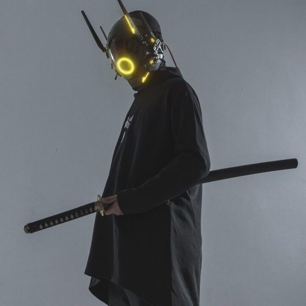 Punk Mask Samurai Futuristic Techwear Mask Black Full Face LED Mask Yellow Halloween Cosplay Costumes Men Women