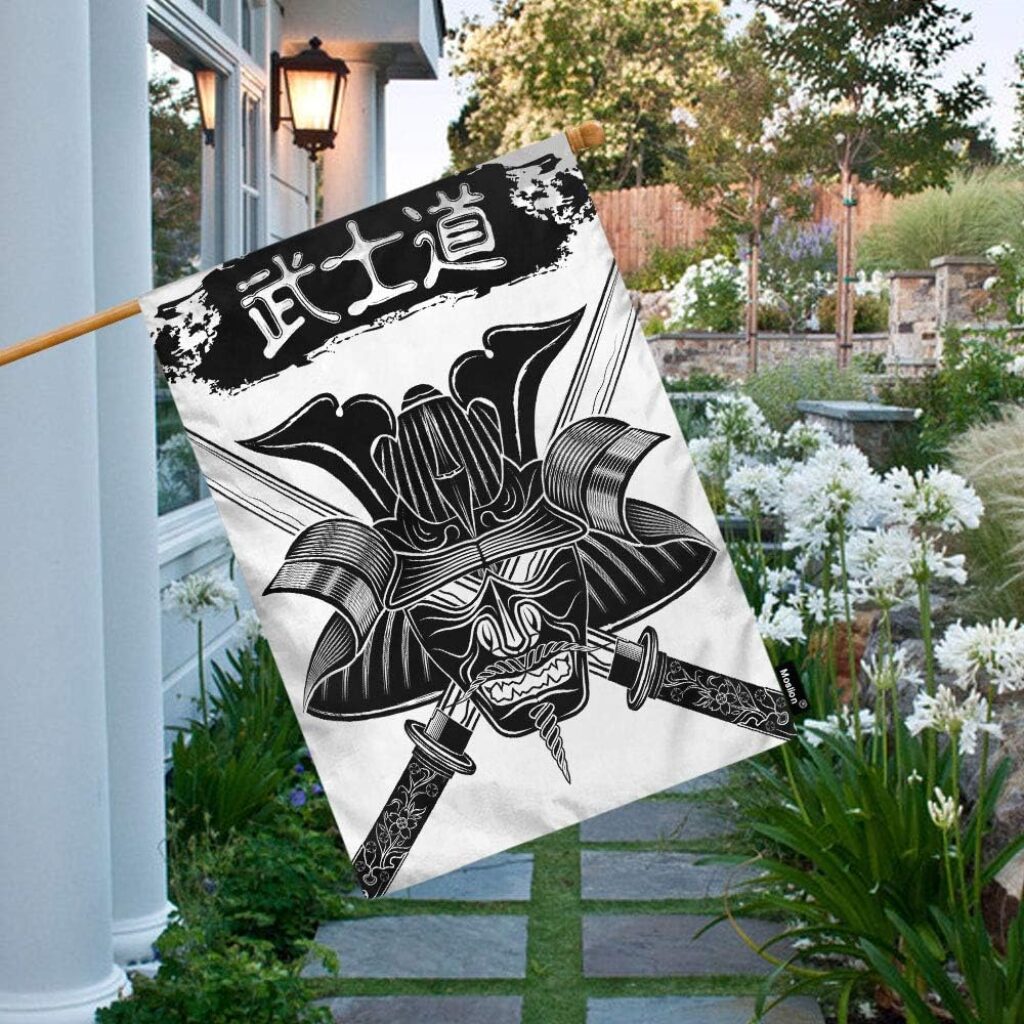 Swords House Flag 28x40 Inch Samurai Helmet Warrior Mask Samurai Japanese Style Tattoo Summer House Flag Decorative Outdoor House Flags Double-Sided Cotton Linen