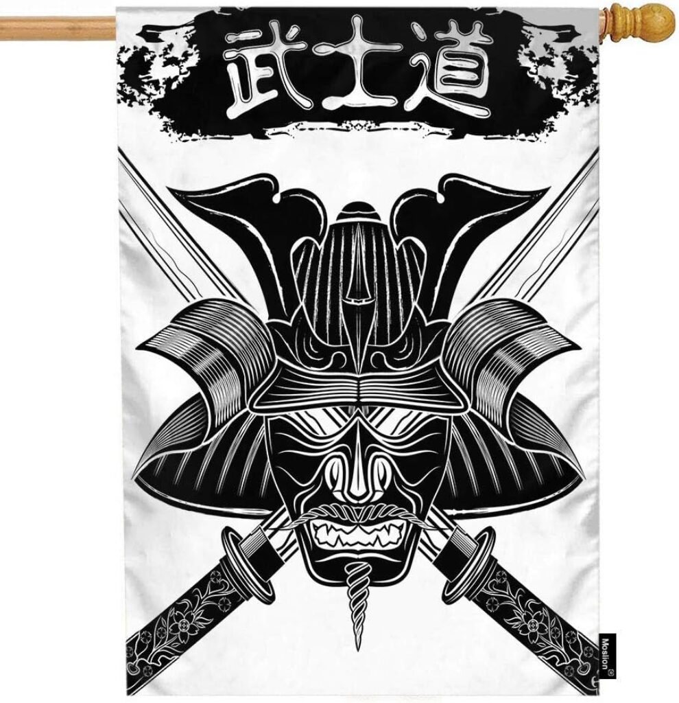 Swords House Flag 28x40 Inch Samurai Helmet Warrior Mask Samurai Japanese Style Tattoo Summer House Flag Decorative Outdoor House Flags Double-Sided Cotton Linen