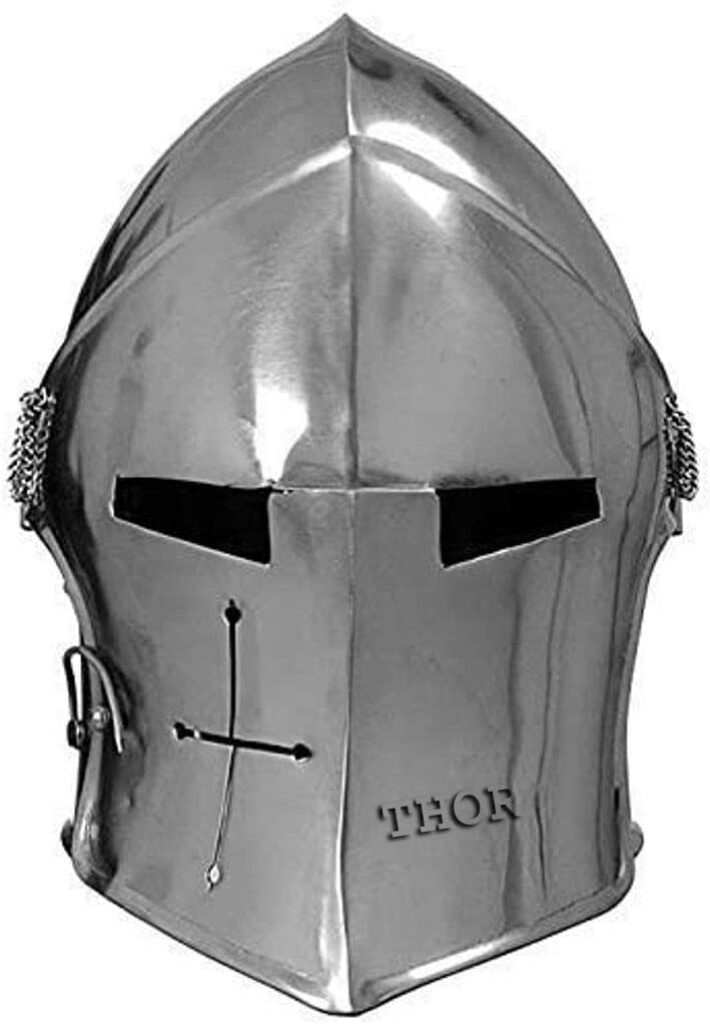 THOR INSTRUMENTS Medieval Visored Barbuta Armor Helmet Brushed Steel Knights Templar Crusaders Halloween Costume Props Rustic Vintage Home Decor Gifts