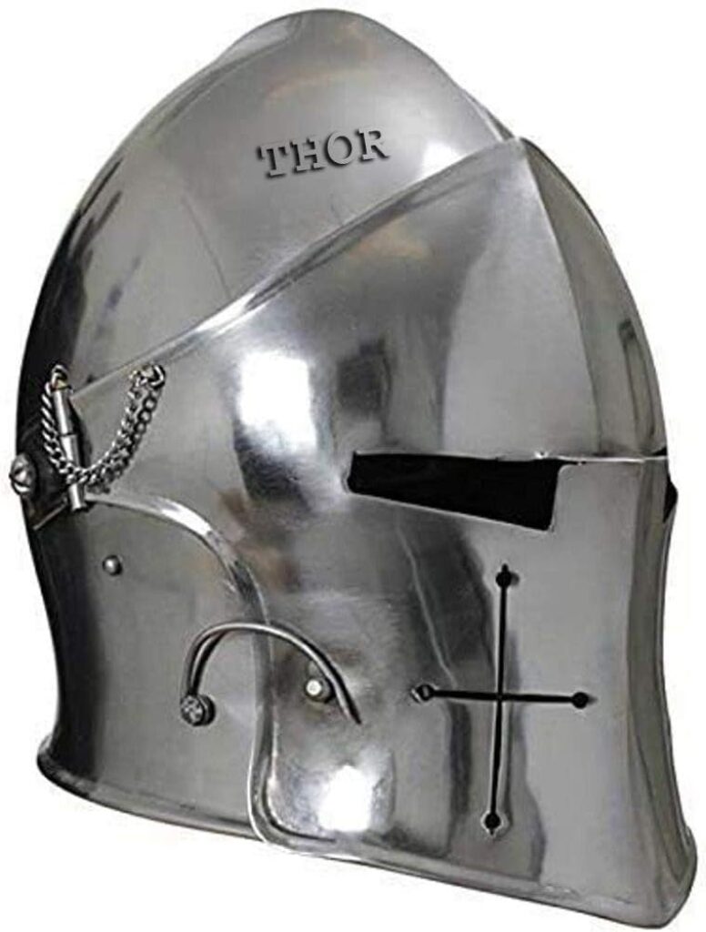 THOR INSTRUMENTS Medieval Visored Barbuta Armor Helmet Brushed Steel Knights Templar Crusaders Halloween Costume Props Rustic Vintage Home Decor Gifts