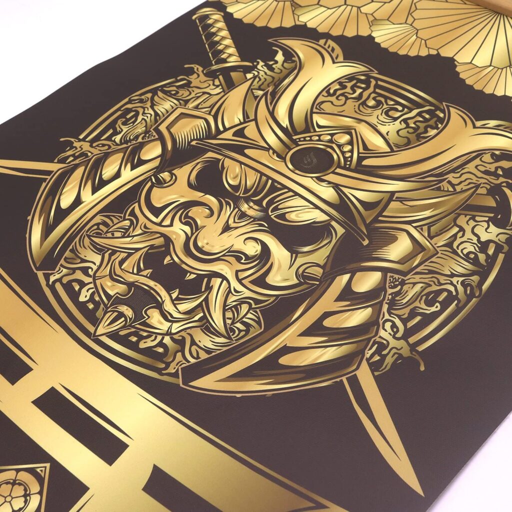 Warrior’s Dreams Canvas Wall Art Print Poster Armored Helmet Samurai spirit with Scroll Wood Framed Ready to Hanger Home Karate Hall Sushi Restaurant Decor 16”x35”